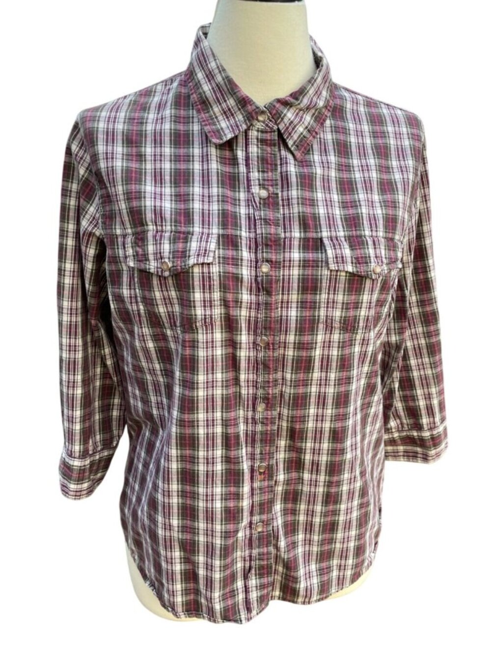 Snap Shirt Long Sleeve Cotton Blend Purple & White Size XL Plaid Womens